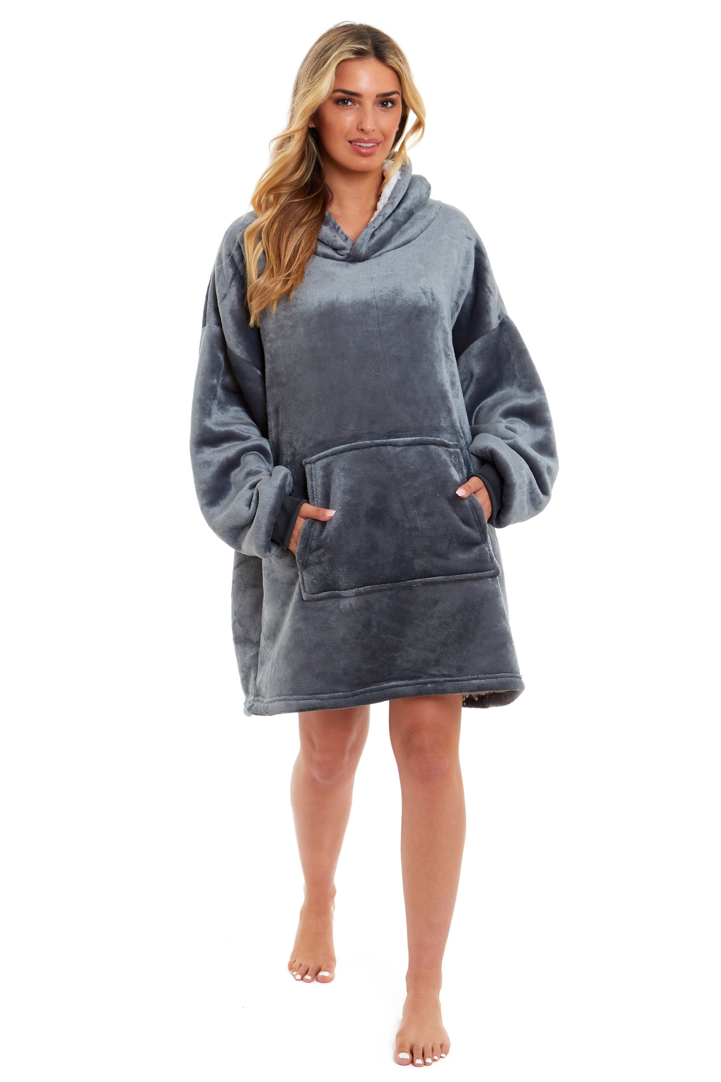 OLIVIA ROCCO Oversized Hooded Blanket Reversible Sherpa Fleece Grey And Pink For Adults