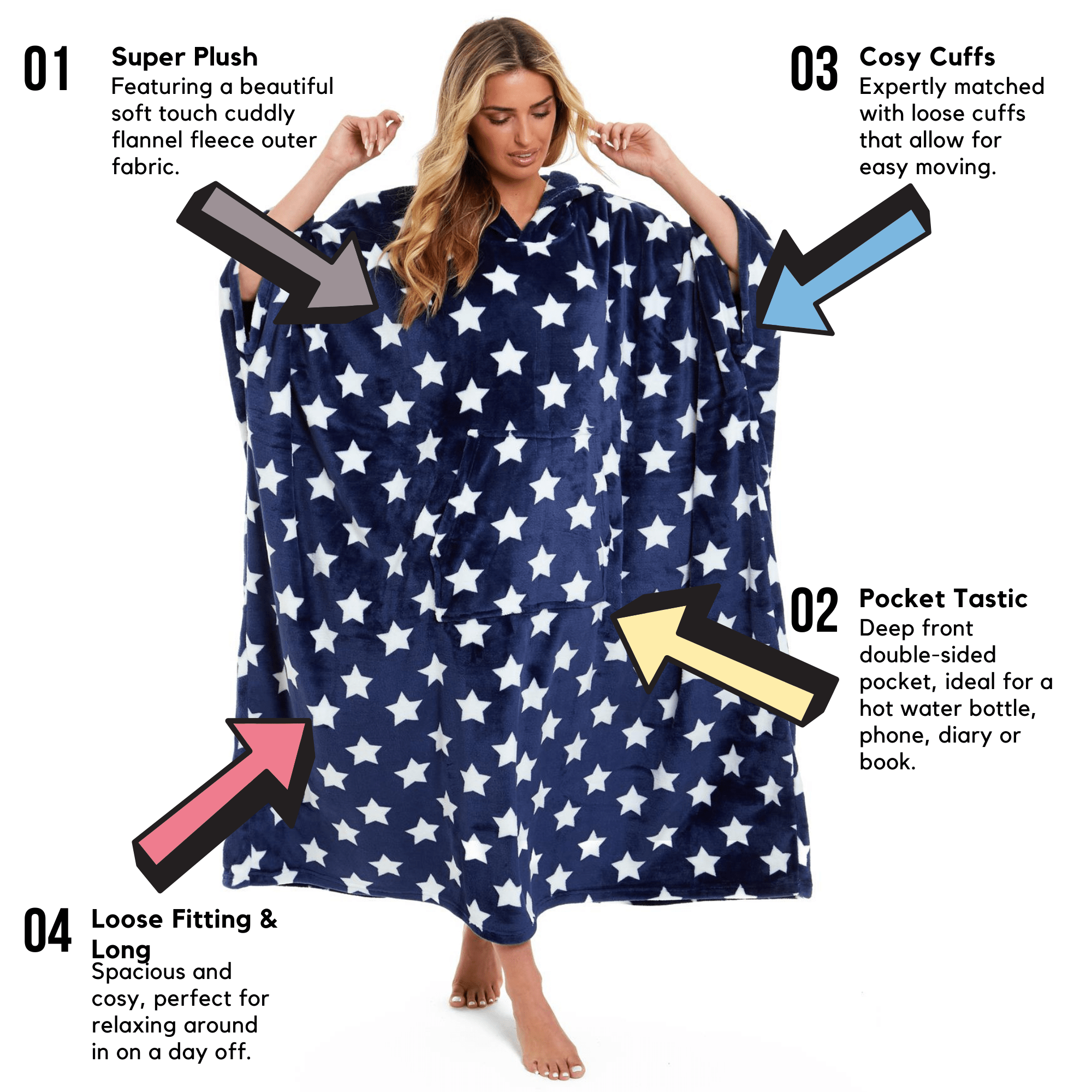 OLIVIA ROCCO Oversized Hooded Fleece Poncho Blanket Stars Polka Dots Easy Care for Cosy Home Layering