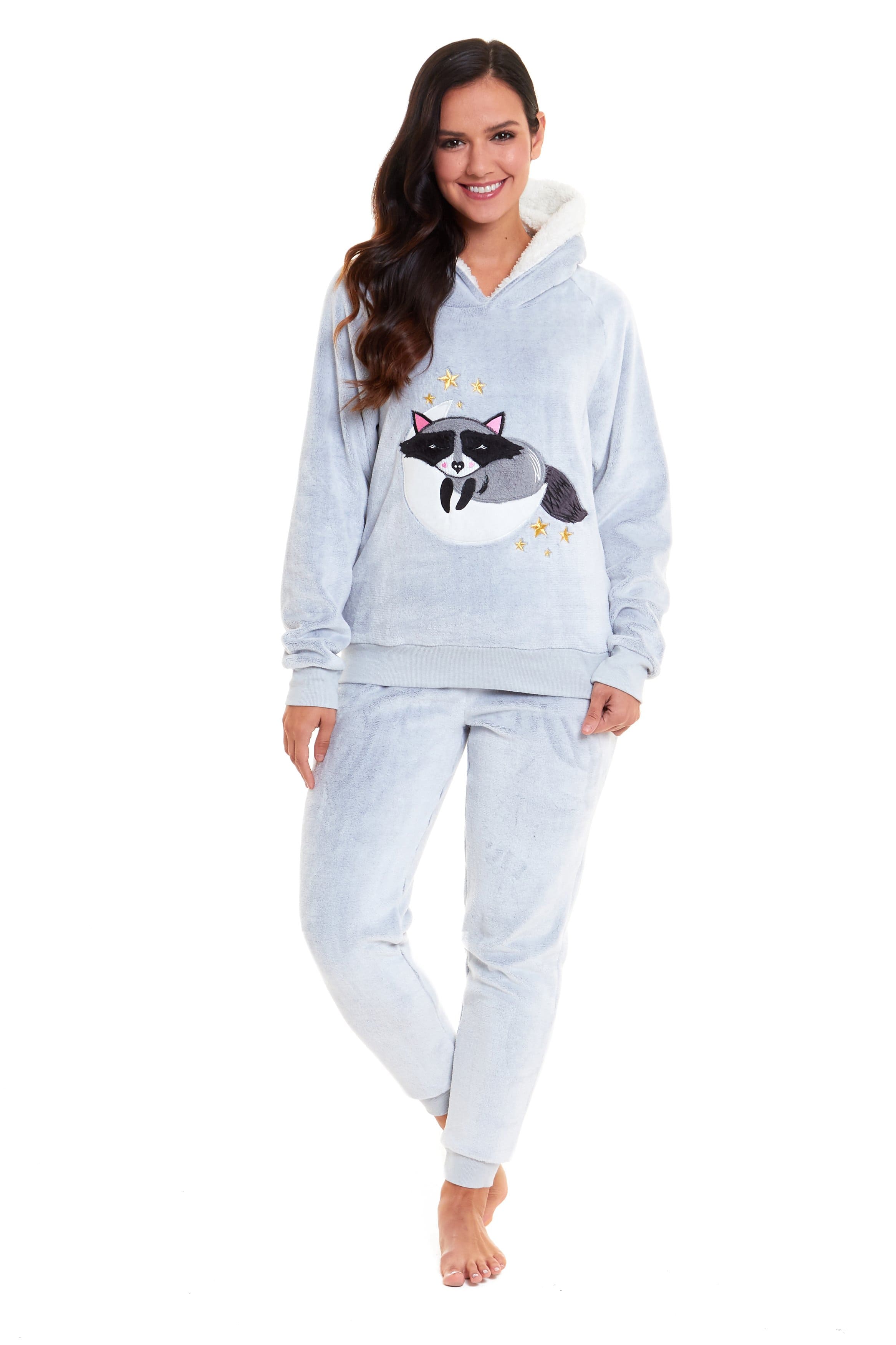 OLIVIA ROCCO Matching Mother Daughter Raccoon Fleece Hooded Pyjama Set With Sherpa Lining