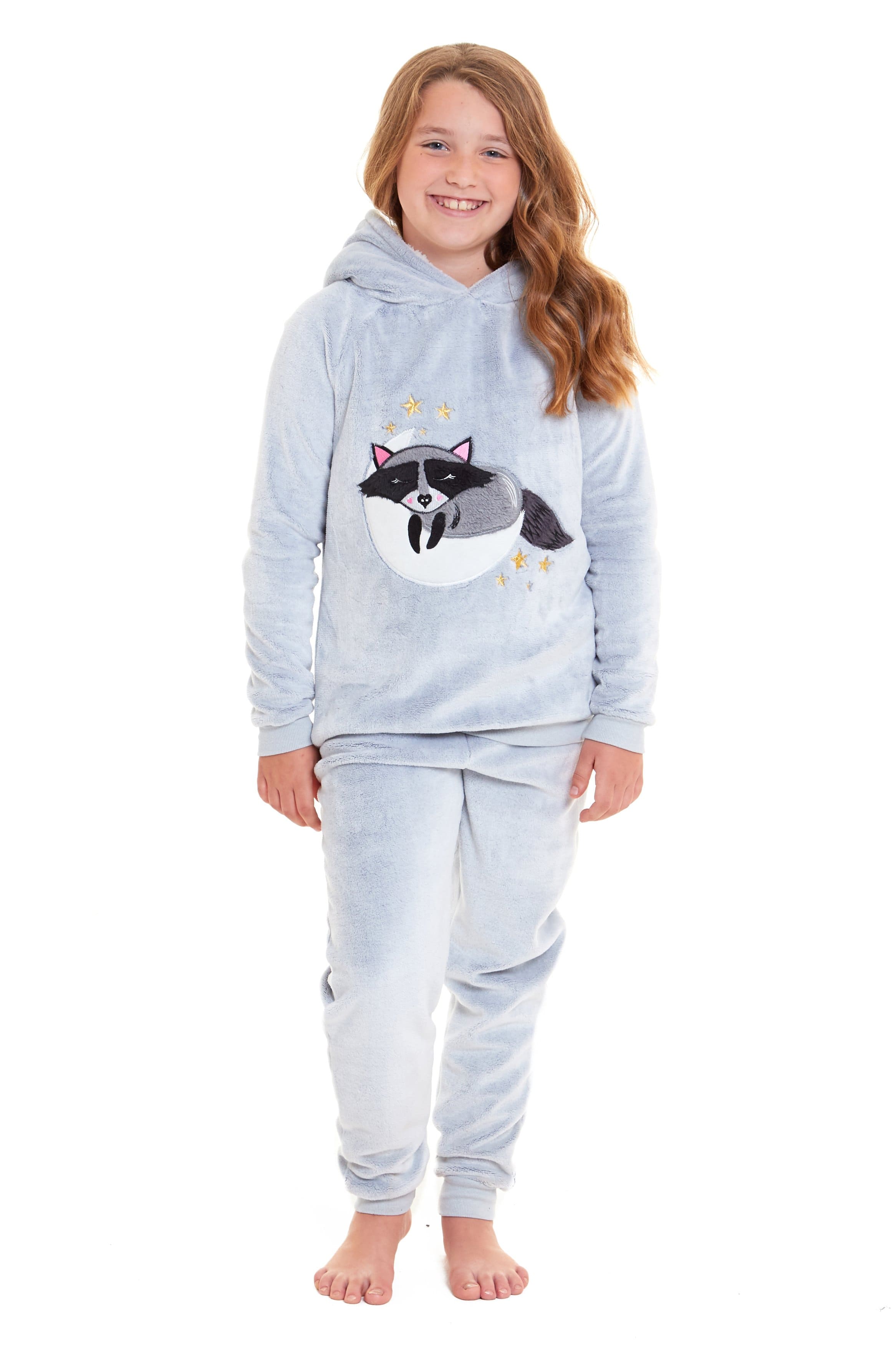 OLIVIA ROCCO Matching Mother Daughter Raccoon Fleece Hooded Pyjama Set With Sherpa Lining