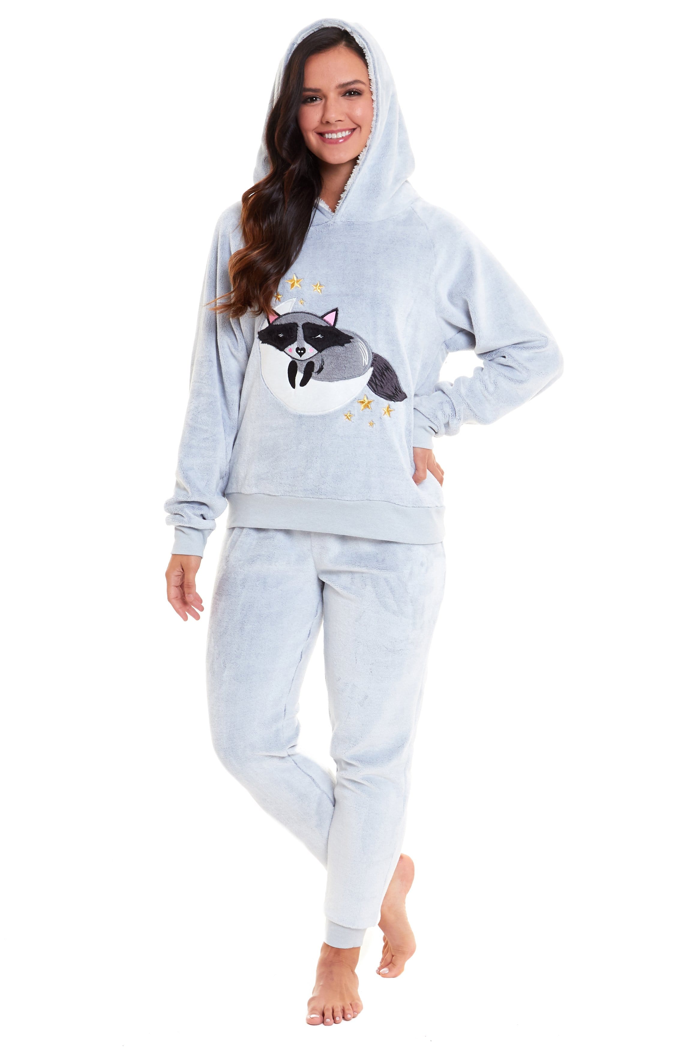 OLIVIA ROCCO Matching Mother Daughter Raccoon Fleece Hooded Pyjama Set With Sherpa Lining