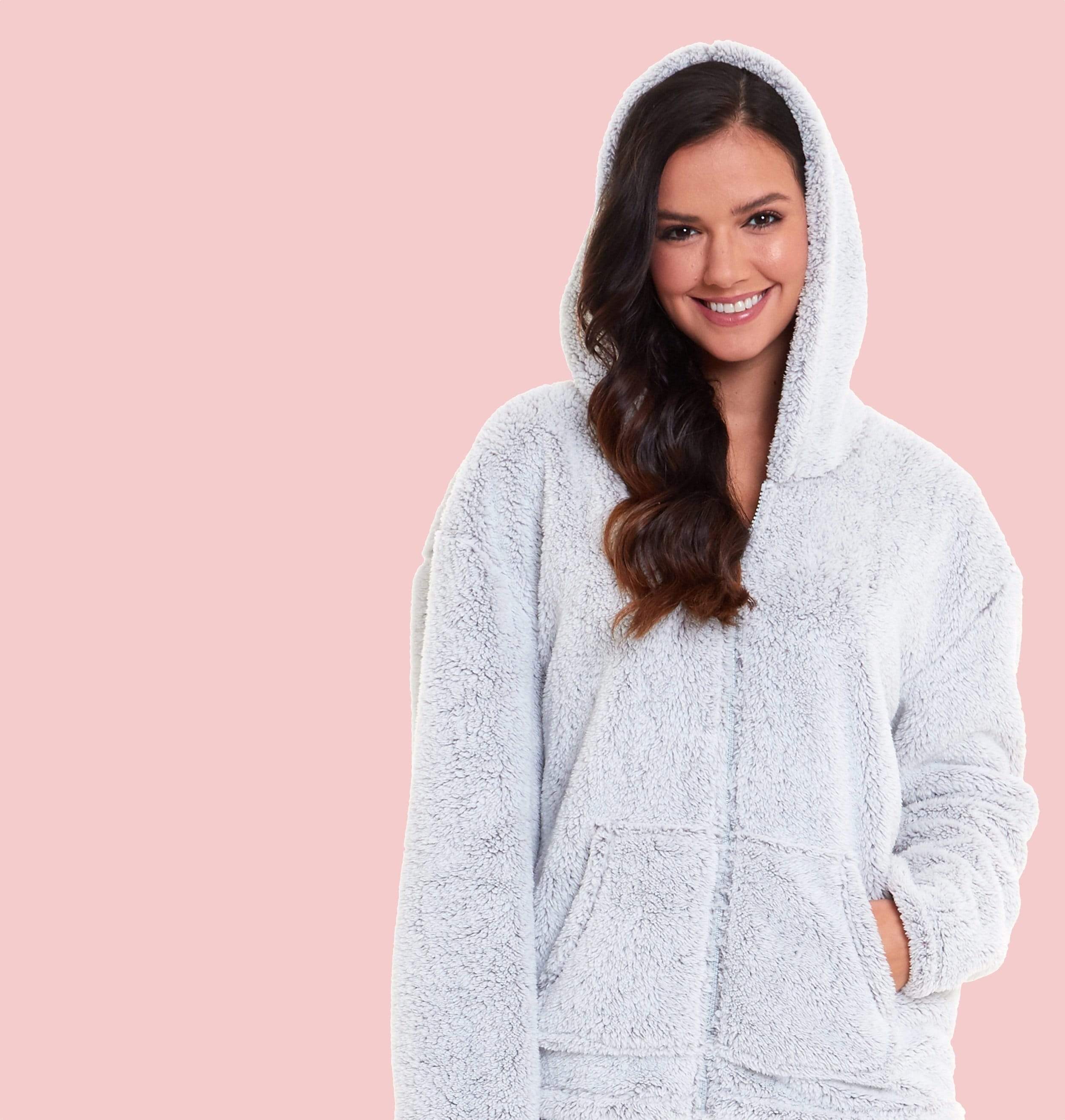 OLIVIA ROCCO Soft Grey Plush Fleece Zipped Hooded Pyjama Set With Zipped Front Super Soft Cosy Home Loungewear