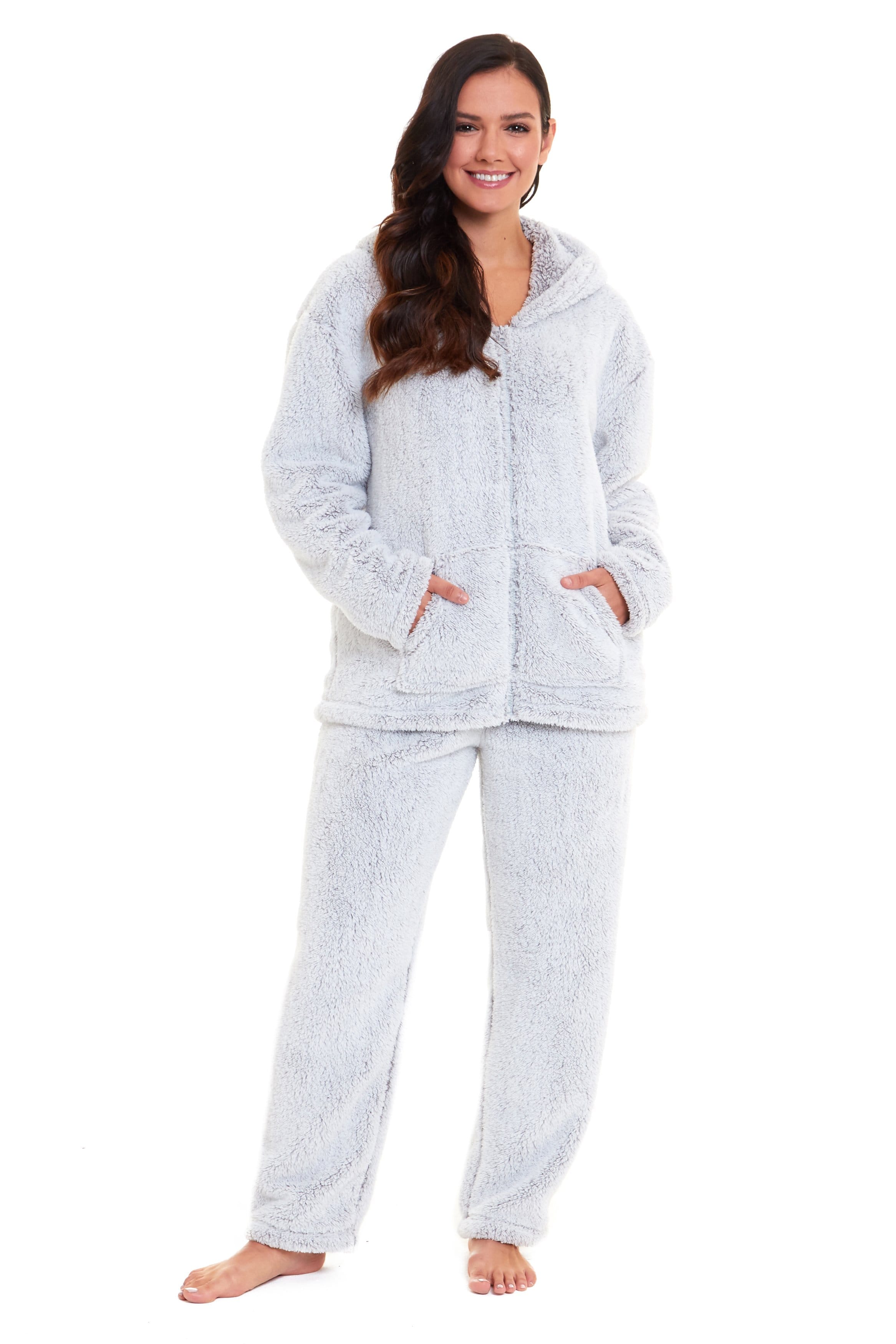 OLIVIA ROCCO Soft Grey Plush Fleece Zipped Hooded Pyjama Set With Zipped Front Super Soft Cosy Home Loungewear