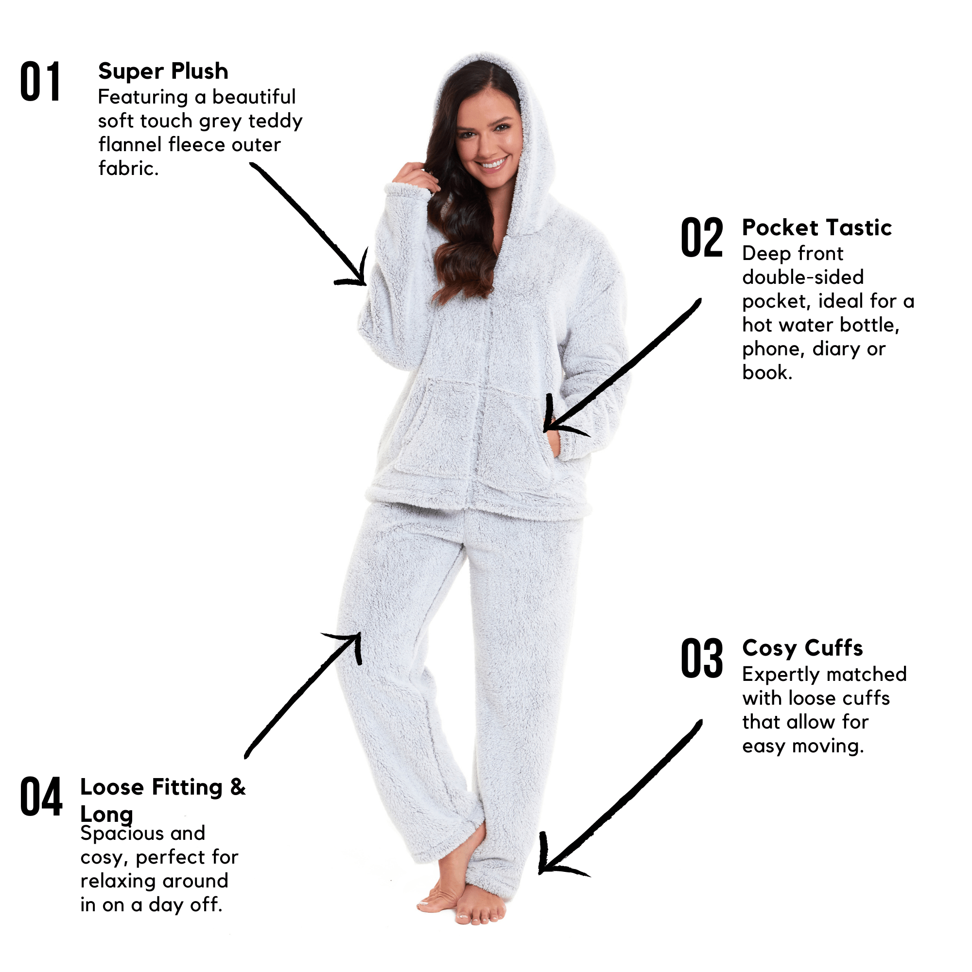 OLIVIA ROCCO Soft Grey Plush Fleece Zipped Hooded Pyjama Set With Zipped Front Super Soft Cosy Home Loungewear