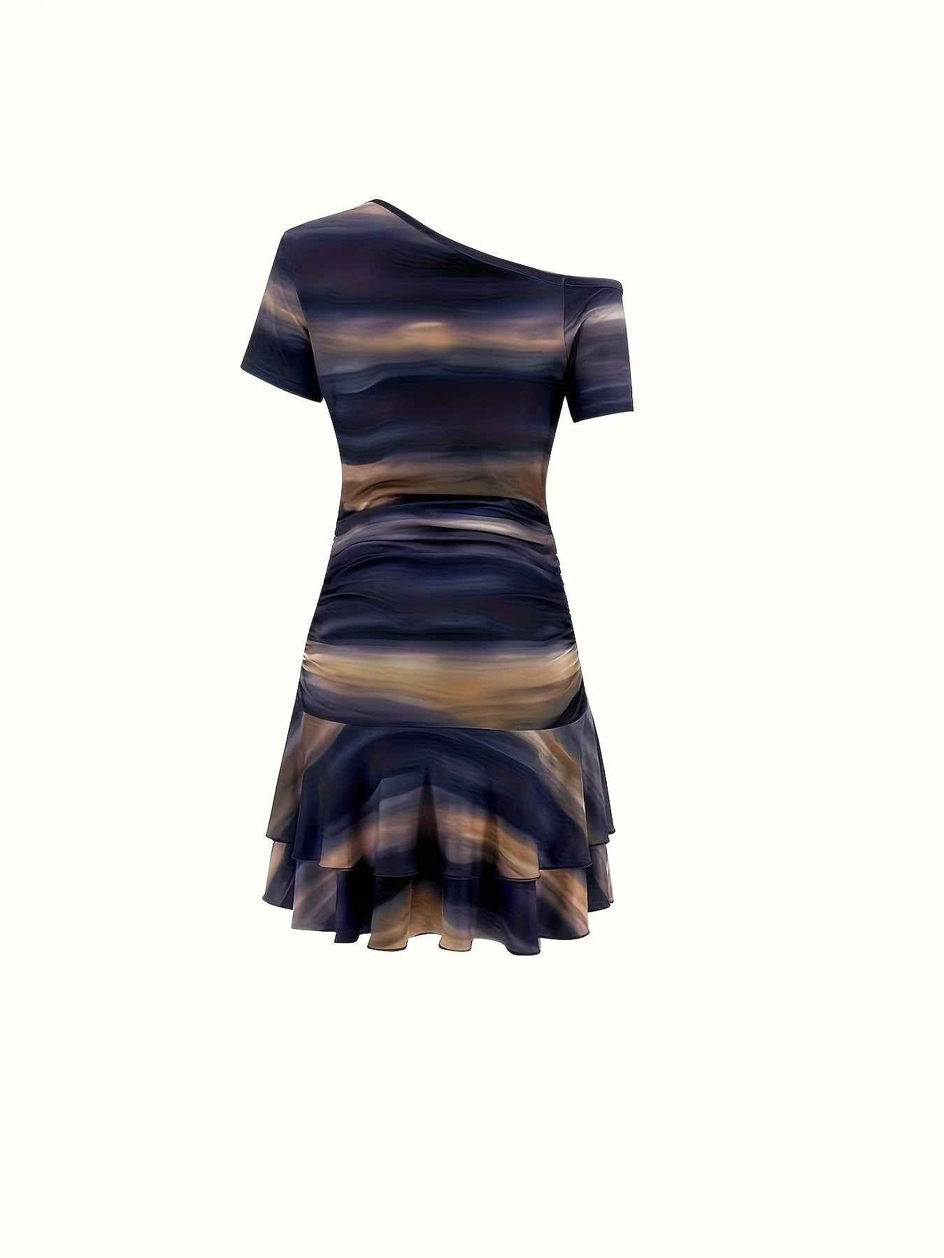 Elegant Asymmetric Single Shoulder Marble Print Dress