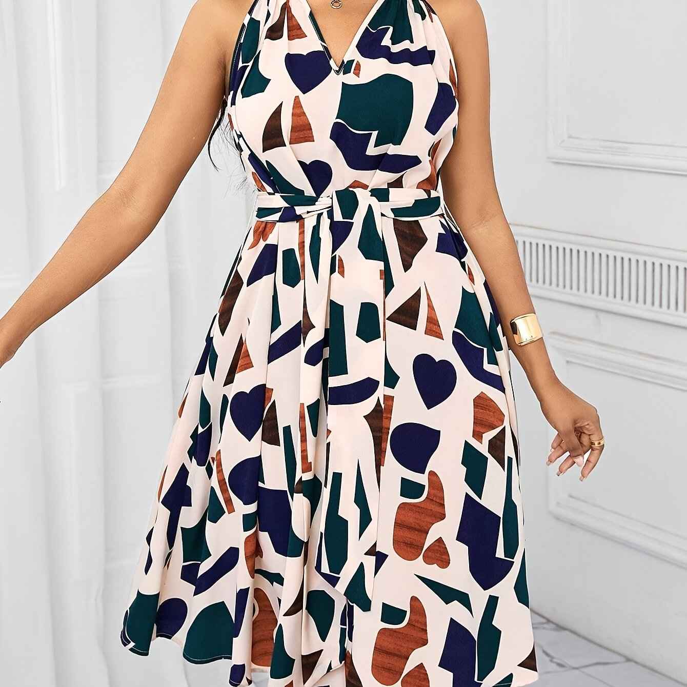 Elegant Geometric Print V-Neck Sleeveless Dress for Women