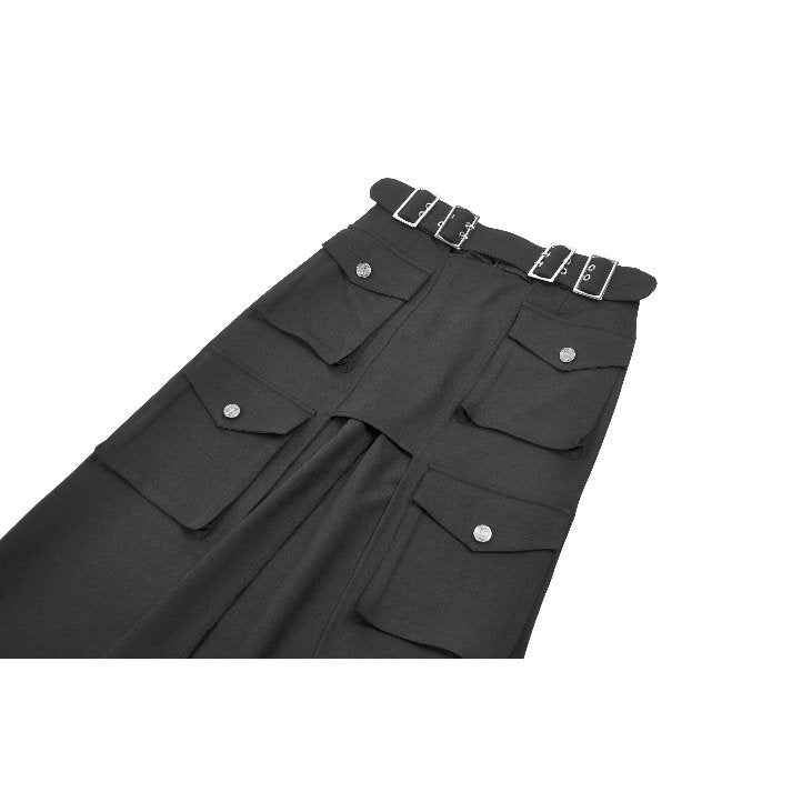 Dark in Love Punk Layered Pocket Cutout Belted Long Skirt