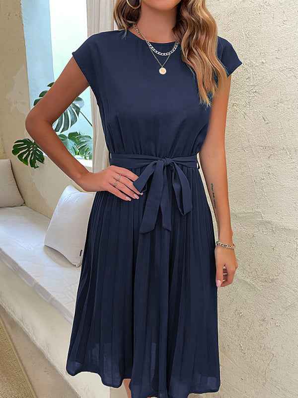 Women's Solid Color Short Sleeve Pleated Midi Dress