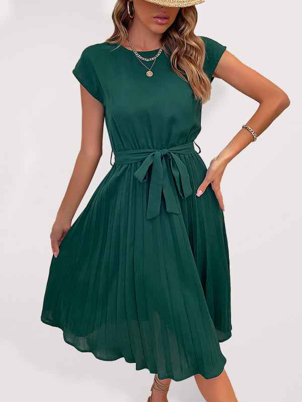 Women's Solid Color Short Sleeve Pleated Midi Dress