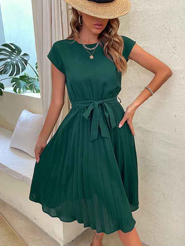 Women's Solid Color Short Sleeve Pleated Midi Dress