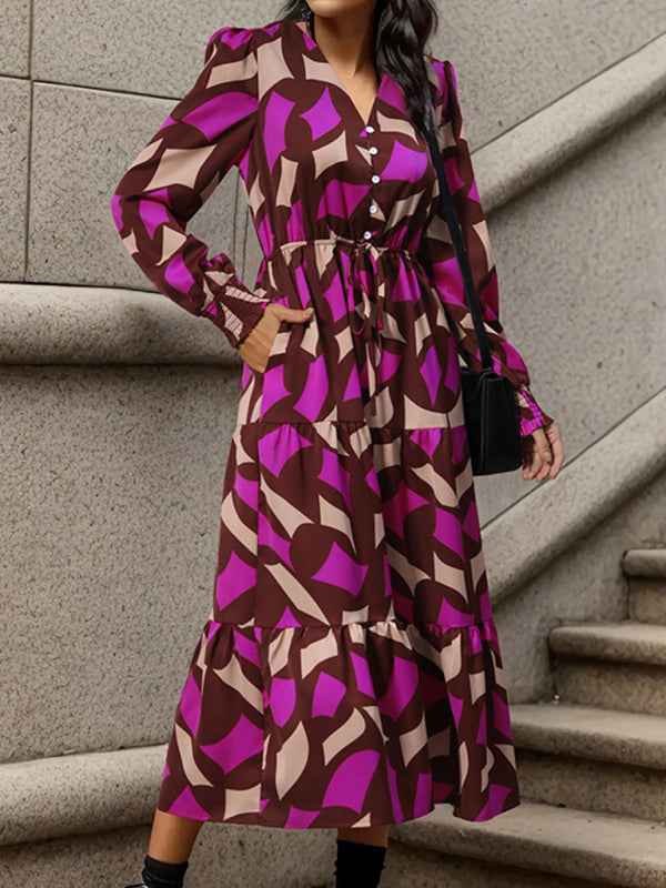 Women's New Long Sleeve Geometric Print V-Neck Midi Dress
