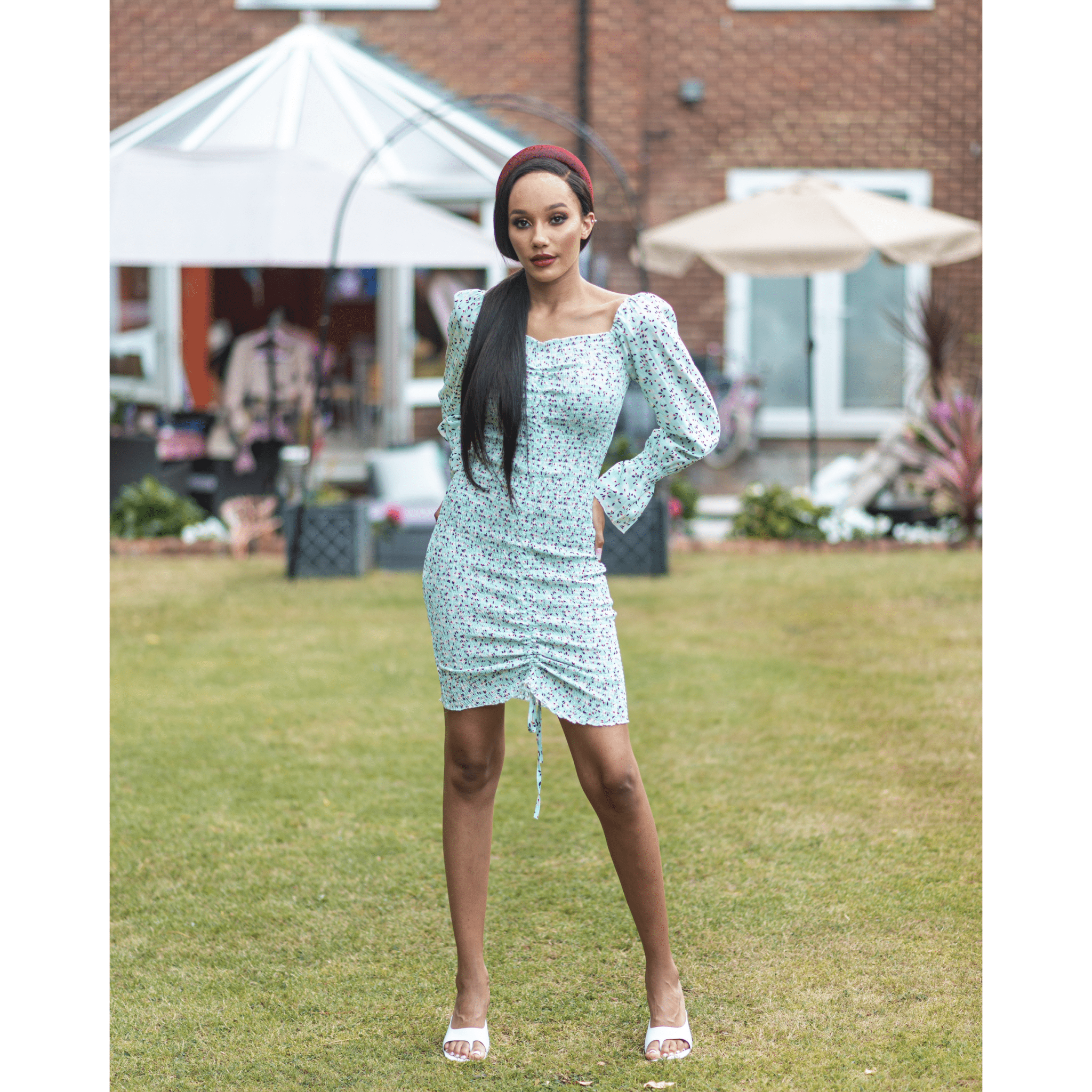 BRANDY Blue Stretchy Floral Smoked  Midi Dress