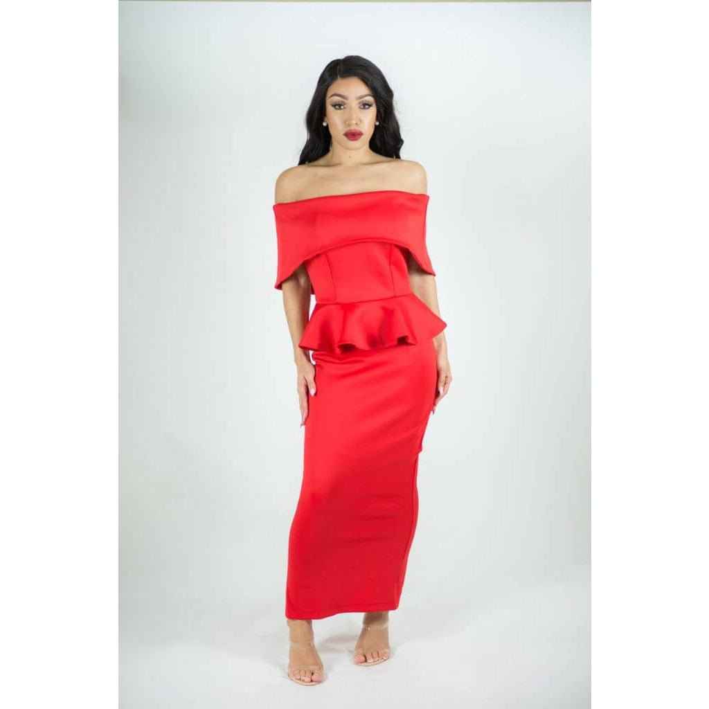 BLAIR Red Off Shoulder Midi Dress