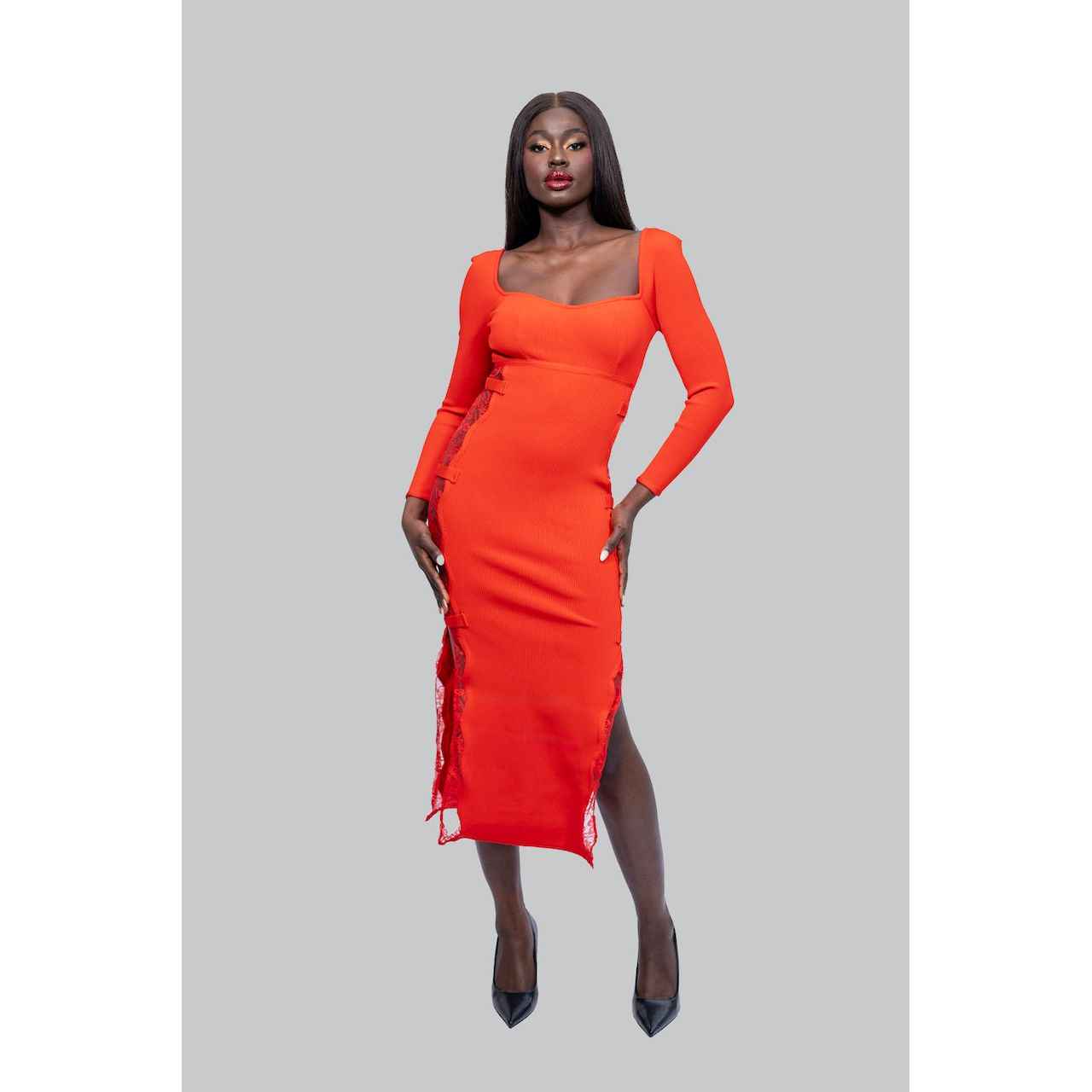 CHRISTINA Red Side Lace Midi  Dress