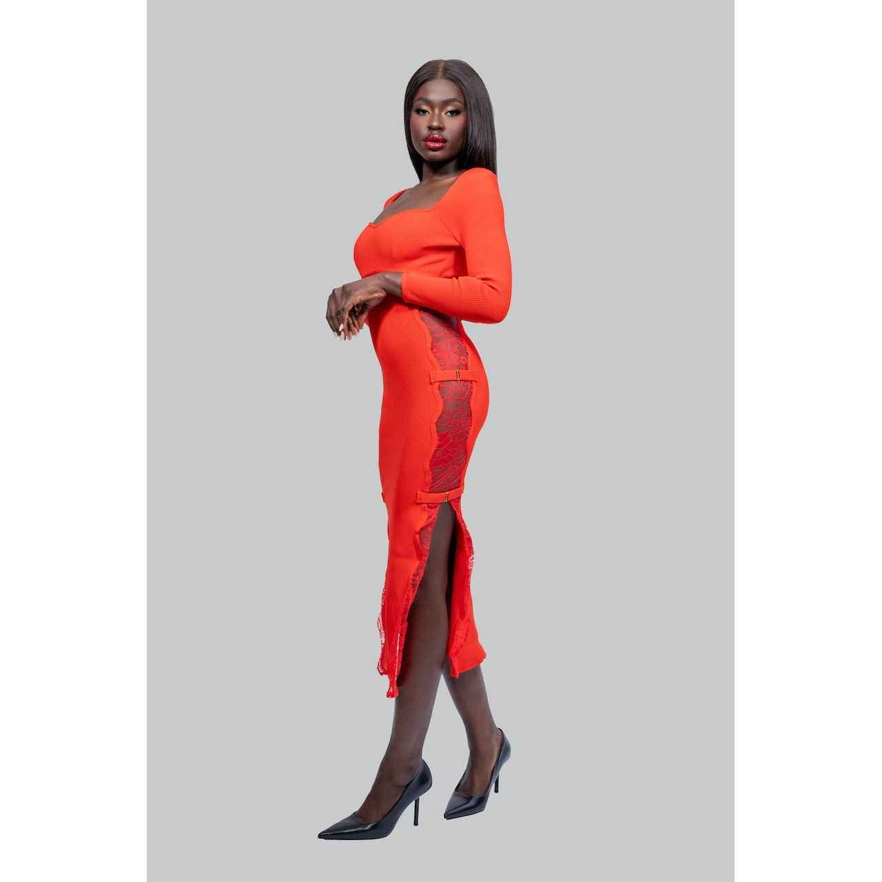 CHRISTINA Red Side Lace Midi  Dress