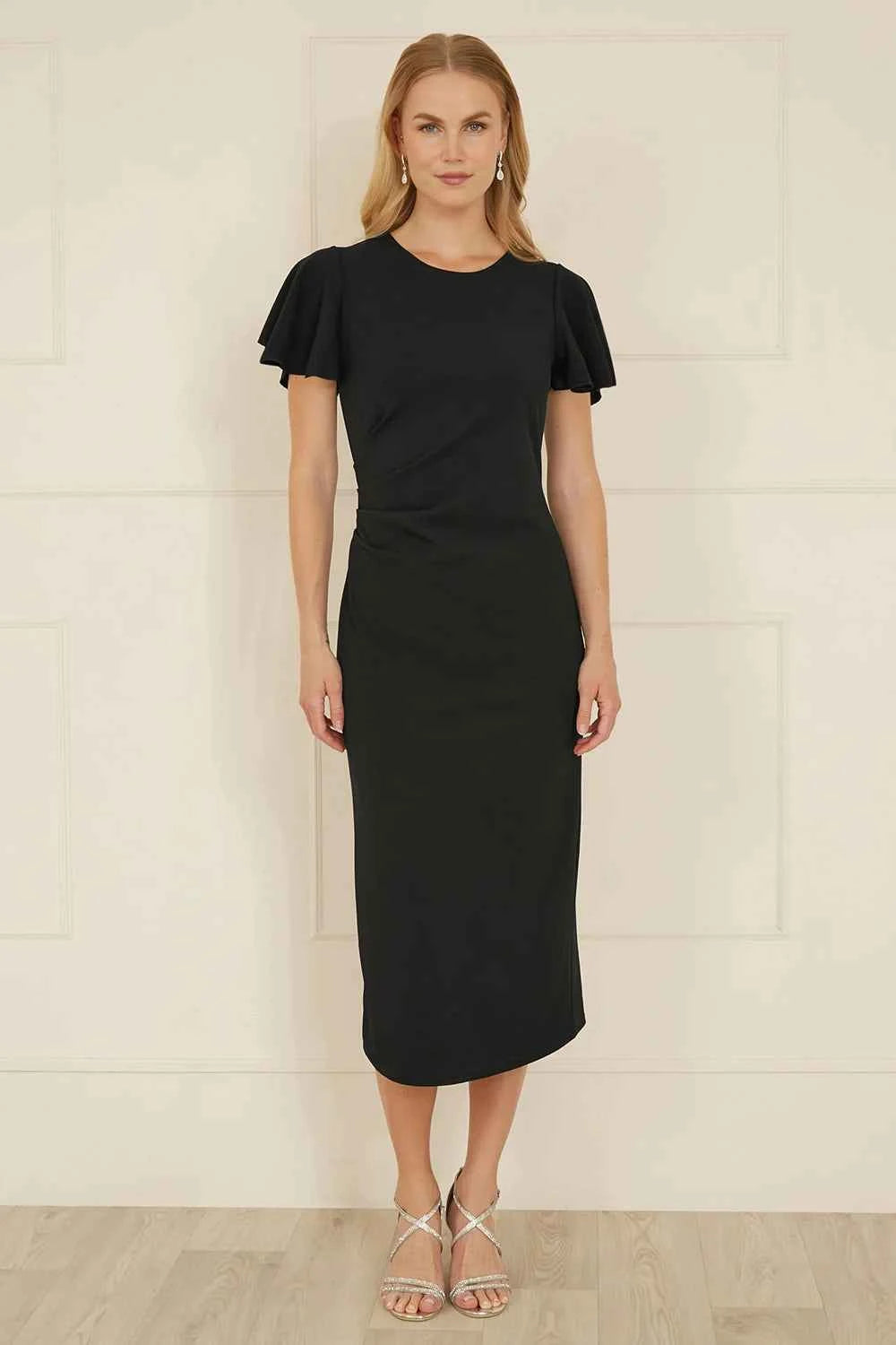 Yumi Black Ruched Waist Stretch Midi Dress