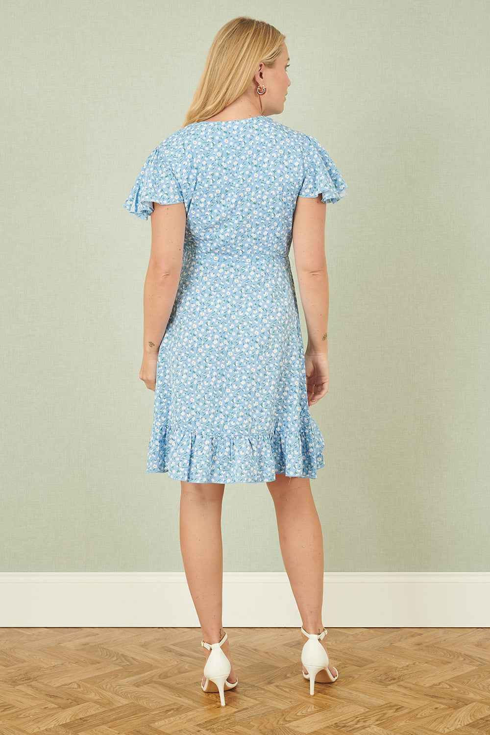 Yumi Blue Ditsy Floral Wrap Frill Dress