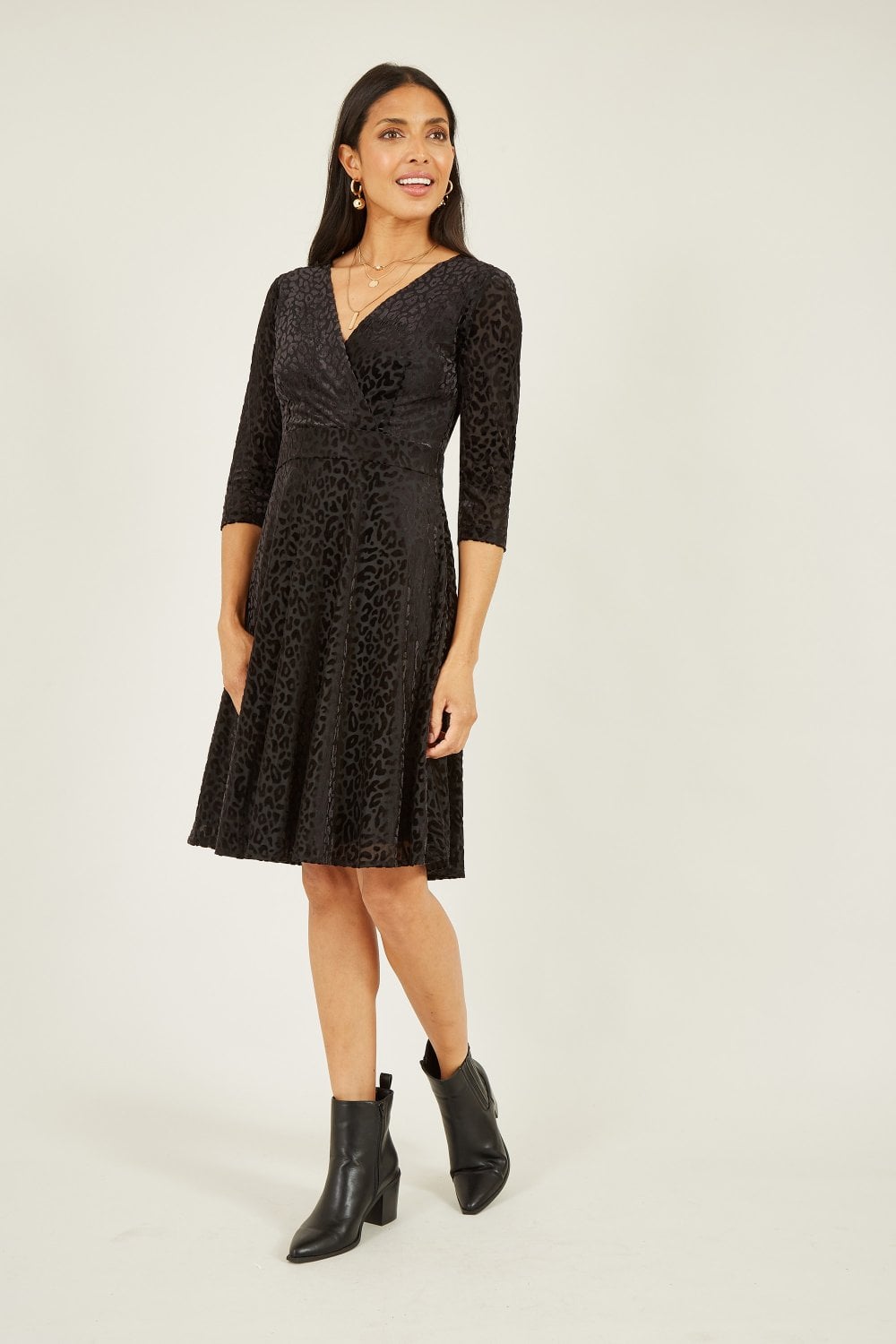 Mela Black Leopard Wrap Skater Dress