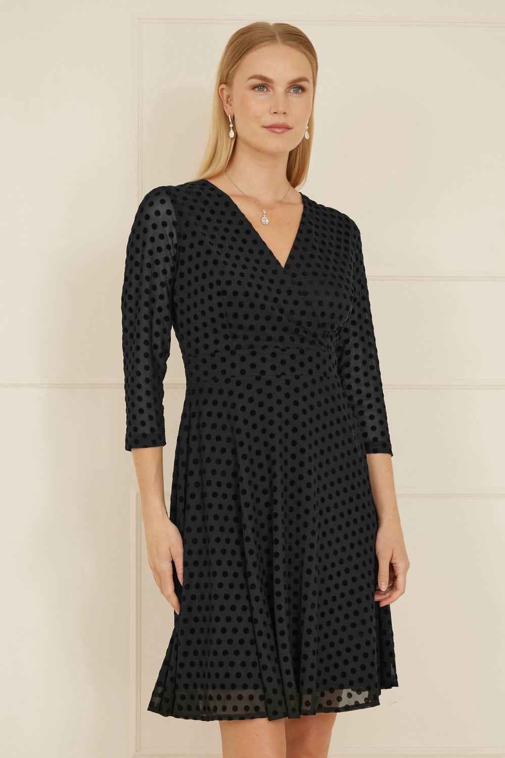 Mela Black Velour Spot 3/4 Sleeve Wrap Skater Dress