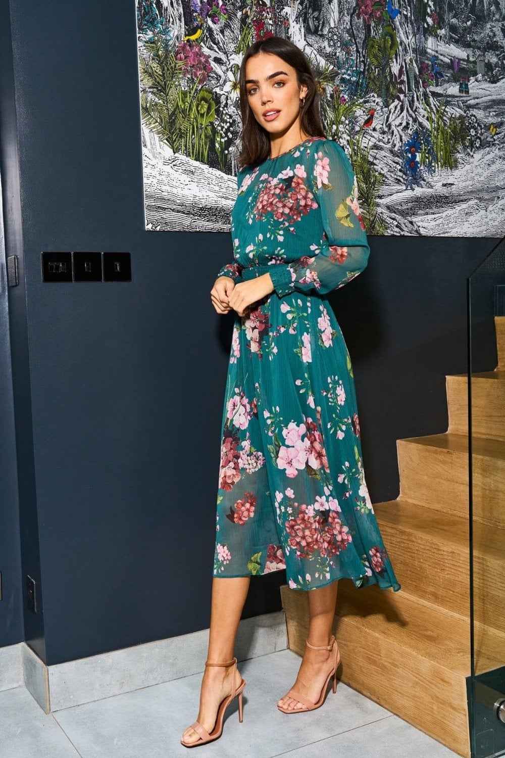 Yumi Urban Touch Green Floral Print Long Sleeve Dress